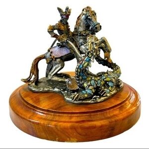 Vintage St. George Fighting the Dragon Bronze Statue Warrior Figurine Wood Base